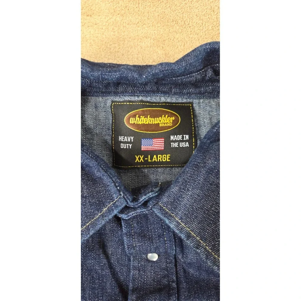 Whiteknucker‎ Denim Jacket Men 2XL Dark Wash Blue Pearl Snap Frayed Raw EUC